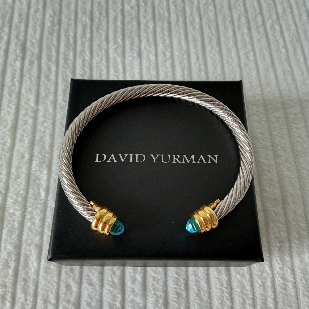 David Yurman Blue Topaz Classic Cable Cuff Silver Bracelet